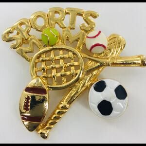 Vintage Ren Sports Mom Brooch Gold Tone Tennis Baseball Football Pin